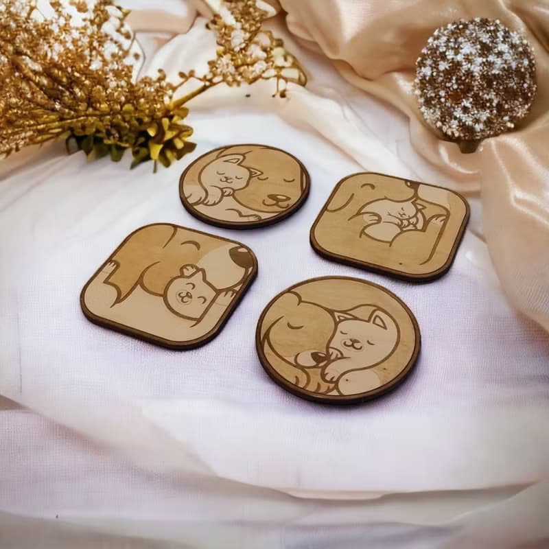 Dogs & Cats Wooden Coaster Set – Wooden Drink Coasters Featuring Adorable Pets