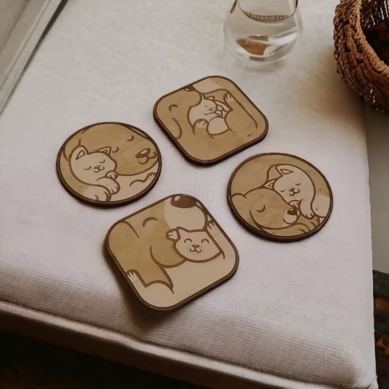 Dogs & Cats Wooden Coaster Set – Wooden Drink Coasters Featuring Adorable Pets