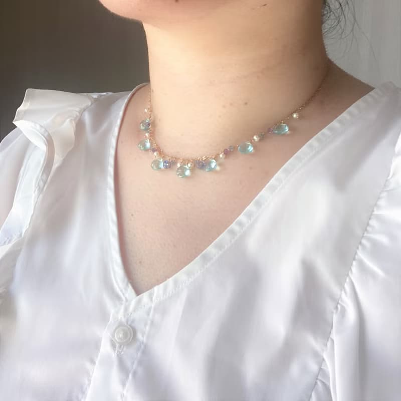 六月新娘 14KGF 7顆項鍊 天藍色水晶 藍寶石 / 伴娘