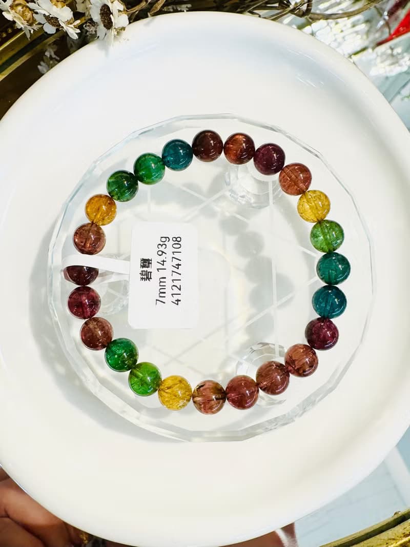 精品級老礦濃色碧璽7mm14.93g帶藍碧金絲雀旺夫石電氣石高頻磁場