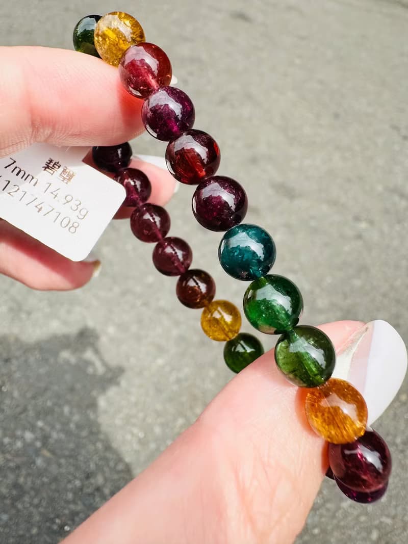 精品級老礦濃色碧璽7mm14.93g帶藍碧金絲雀旺夫石電氣石高頻磁場