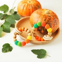 Bright Orange Green Rattle - Wooden & Silicone Teething Ring Toy - Baby Teether