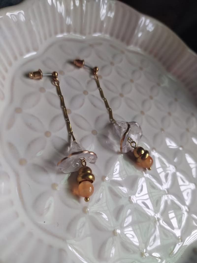 裙擺花長鏈垂墜耳環  黃銅耳飾  /冰花原色瑪瑙