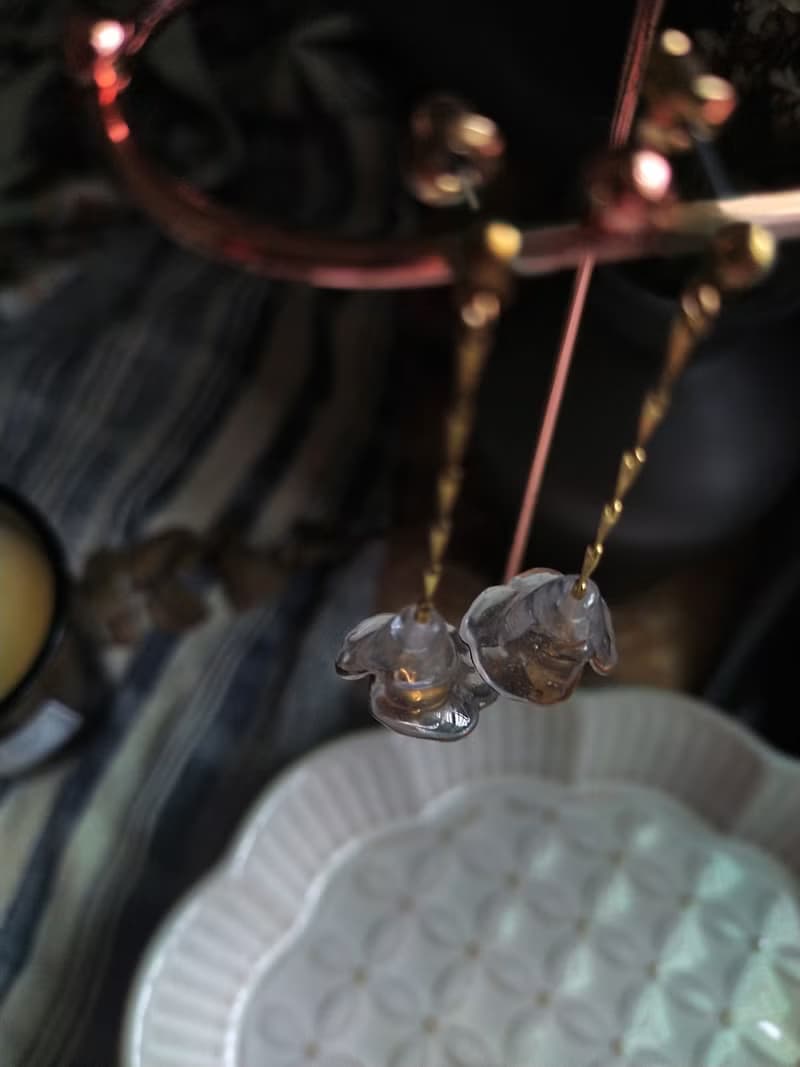 裙擺花長鏈垂墜耳環  黃銅耳飾  /冰花原色瑪瑙