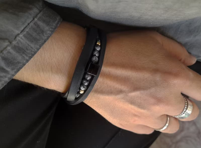 All Black Men Leather Bracelet with Black Onyx, Multistrand Style
