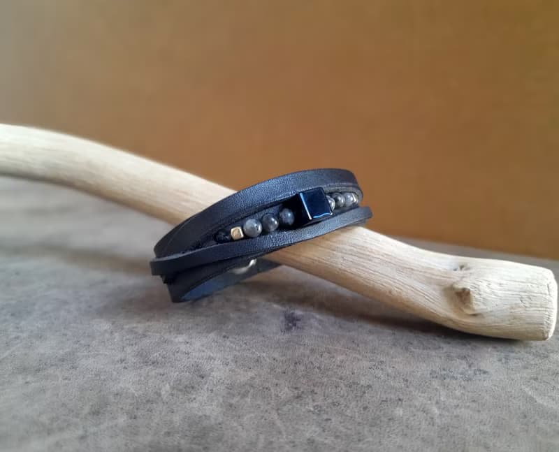 All Black Men Leather Bracelet with Black Onyx, Multistrand Style