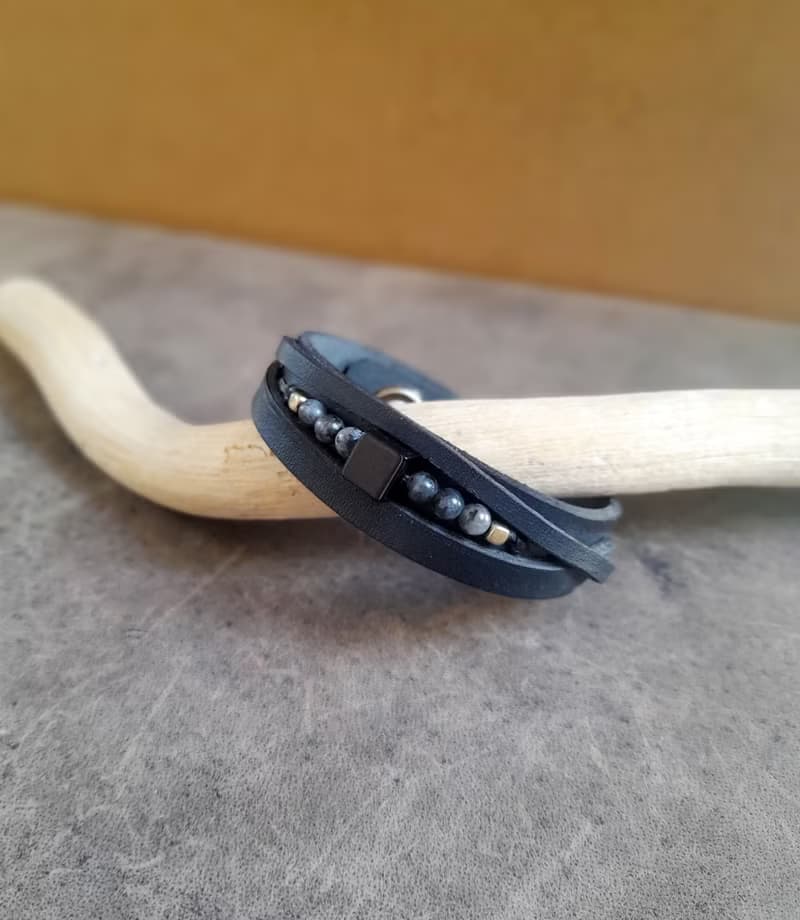 All Black Men Leather Bracelet with Black Onyx, Multistrand Style