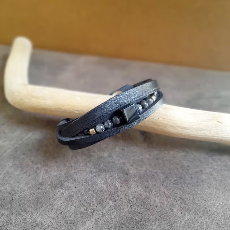 All Black Men Leather Bracelet with Black Onyx, Multistrand Style