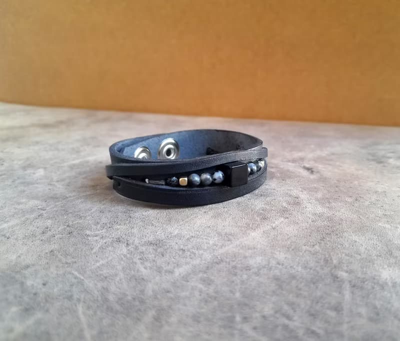 All Black Men Leather Bracelet with Black Onyx, Multistrand Style