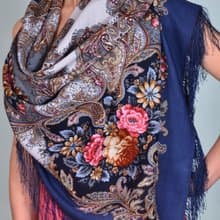 Pavlovo Posad Russian Shawl 100% Wool Scarf 125x125 cm Wrap Silk Fringe 1463-12