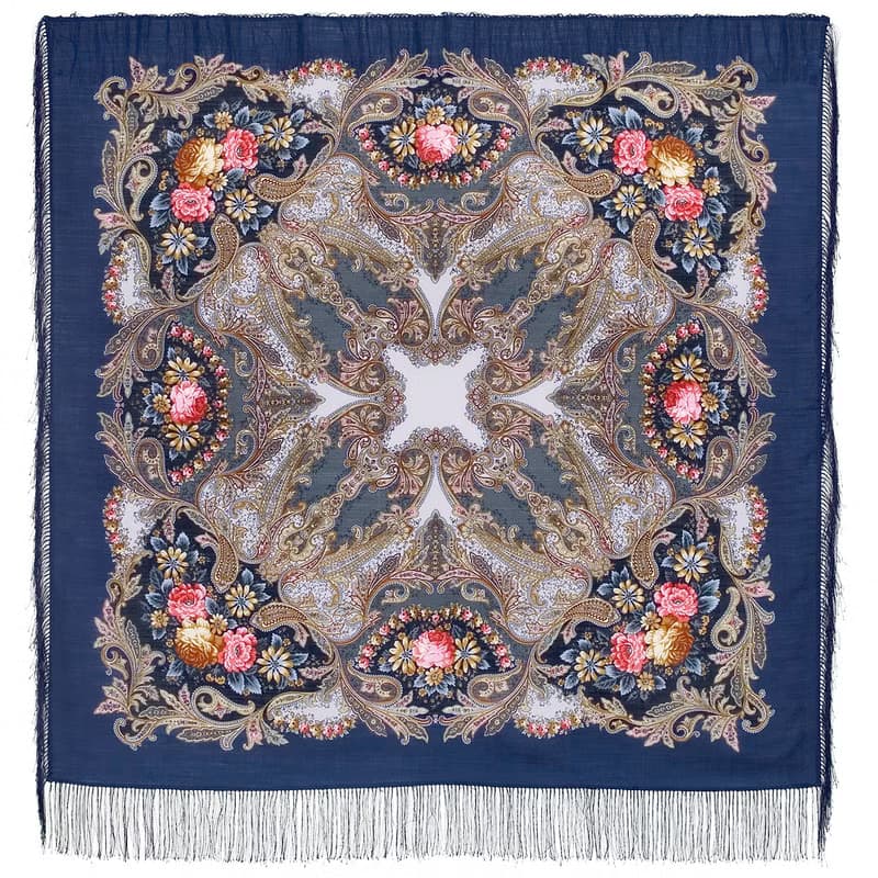 Pavlovo Posad Russian Shawl 100% Wool Scarf 125x125 cm Wrap Silk Fringe 1463-12