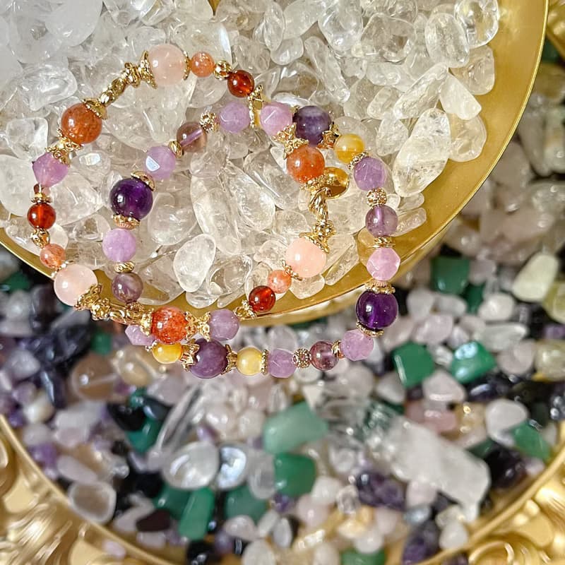 開運招財正能量  金太陽石 粉晶 石榴石 天然水晶手鏈
