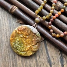 【一物一圖】天然鹽源瑪瑙鳳穿牡丹 雕刻 圓牌連鹽源瑪瑙手編珠鍊