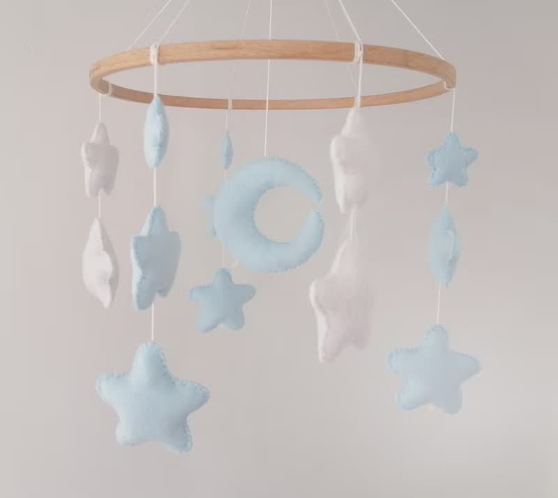 star moon white light blue baby mobile crib,boy nursery decor,felt toys gift