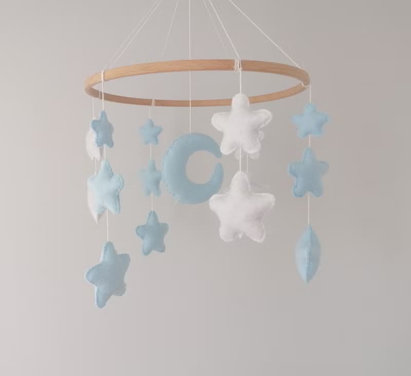 star moon white light blue baby mobile crib,boy nursery decor,felt toys gift