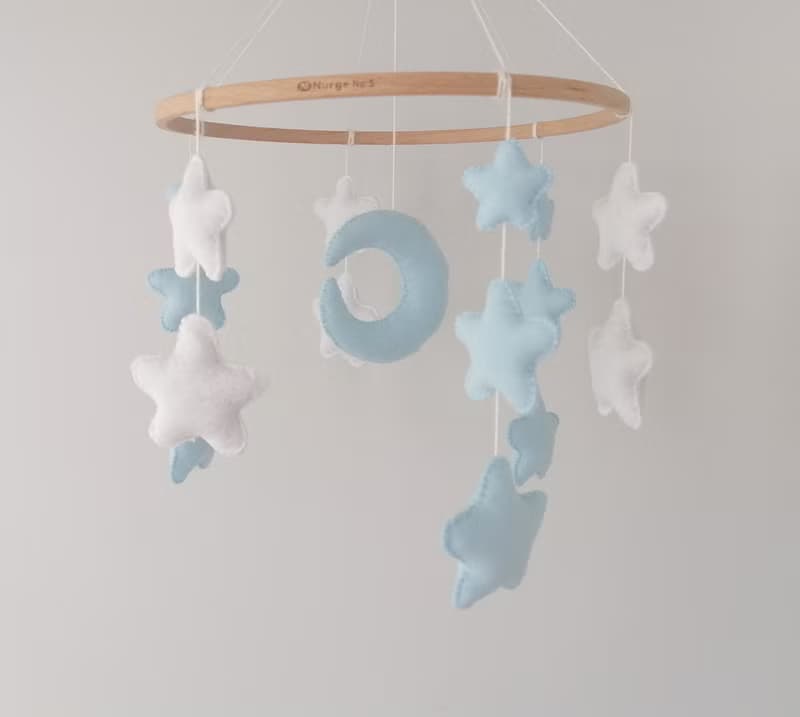 star moon white light blue baby mobile crib,boy nursery decor,felt toys gift