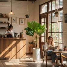 高挑圓扇蒲葵水泥大盆栽 直條紋湛白高盆 落地盆栽禮 北歐極簡