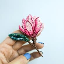 Embroidered magnolia brooch pink flower pin handmade in Ukraine