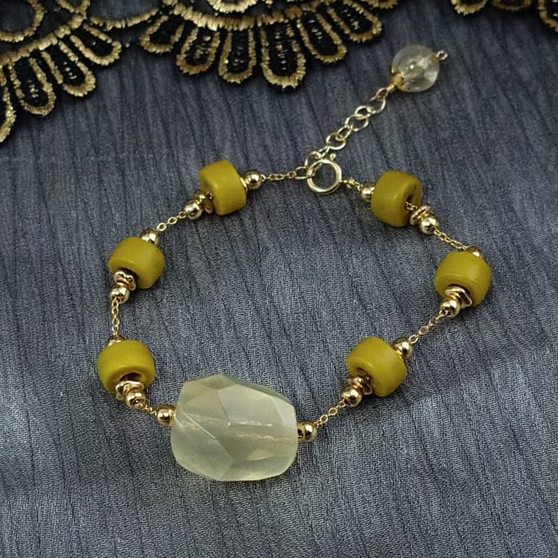 手鍊 檸檬黃水晶 印度手工琉璃珠 管珠 黃鈦晶 包金 寶石 手珠