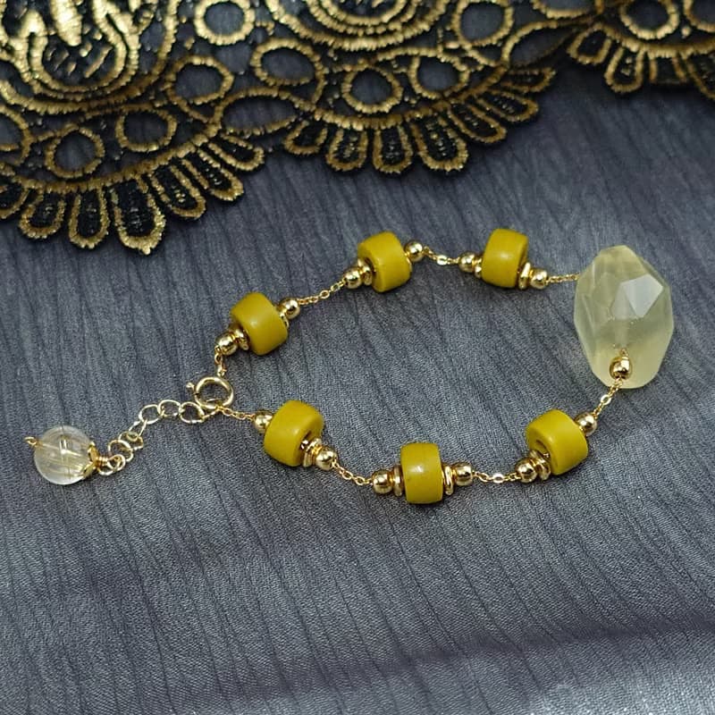 手鍊 檸檬黃水晶 印度手工琉璃珠 管珠 黃鈦晶 包金 寶石 手珠