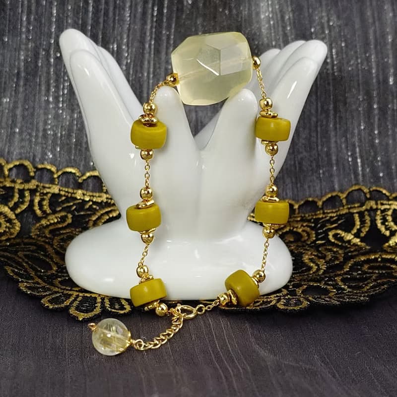 手鍊 檸檬黃水晶 印度手工琉璃珠 管珠 黃鈦晶 包金 寶石 手珠