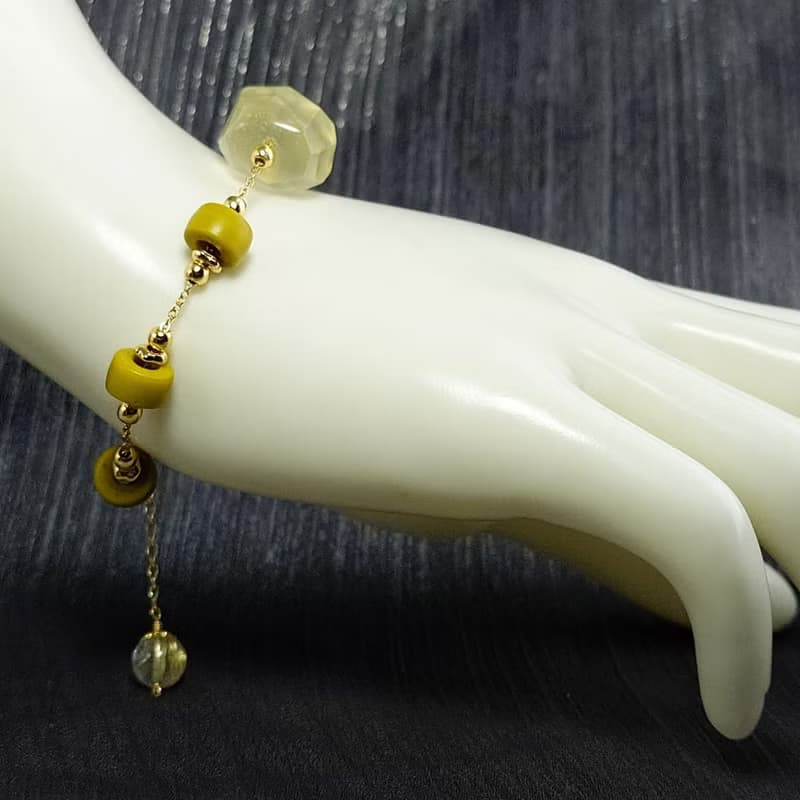 手鍊 檸檬黃水晶 印度手工琉璃珠 管珠 黃鈦晶 包金 寶石 手珠