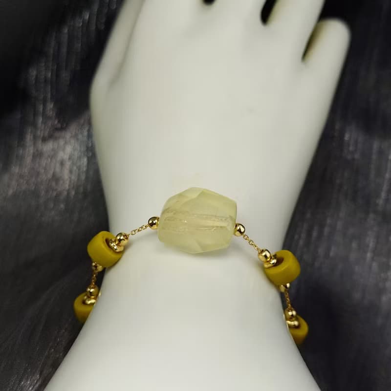 手鍊 檸檬黃水晶 印度手工琉璃珠 管珠 黃鈦晶 包金 寶石 手珠