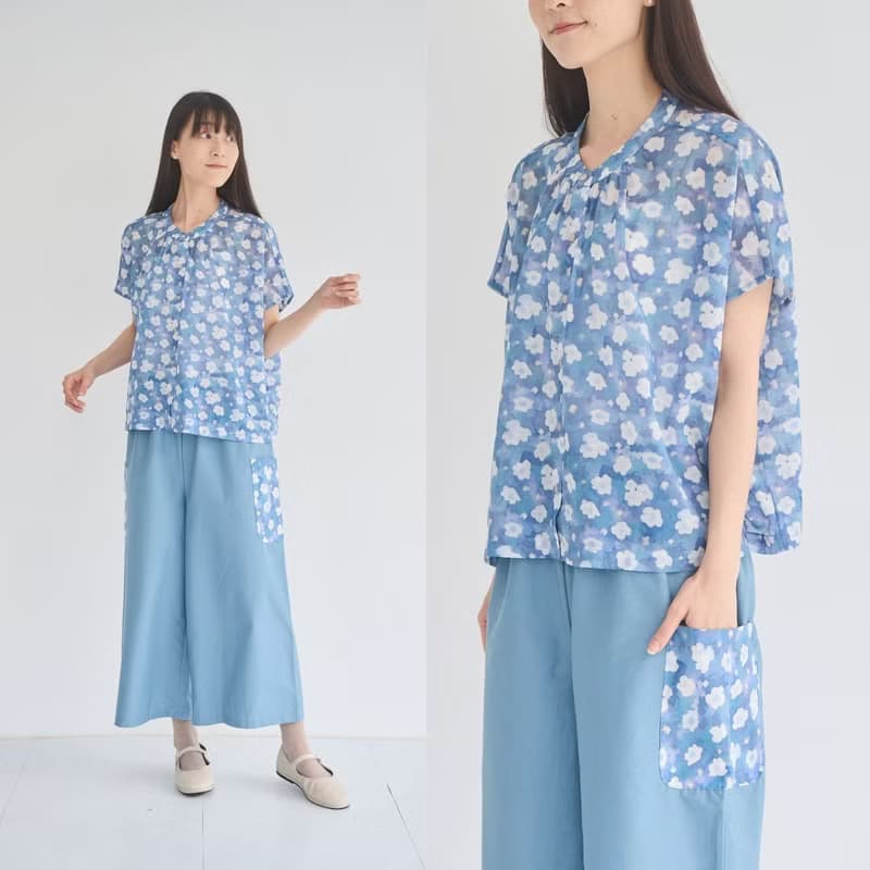 透膚寬版上衣/花韻/晨霧藍/花束