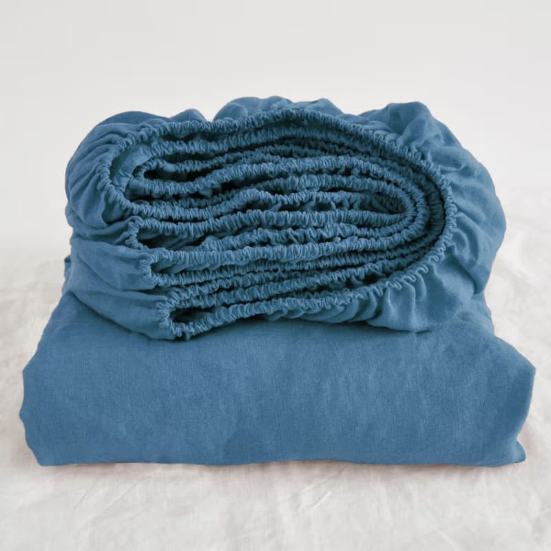 Denim blue linen fitted sheet / Softened linen bed sheet / Deep pocket