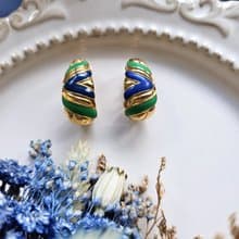 AVON金線藍綠彎形夾式耳環/復古珠寶首飾/美國西洋古董飾品