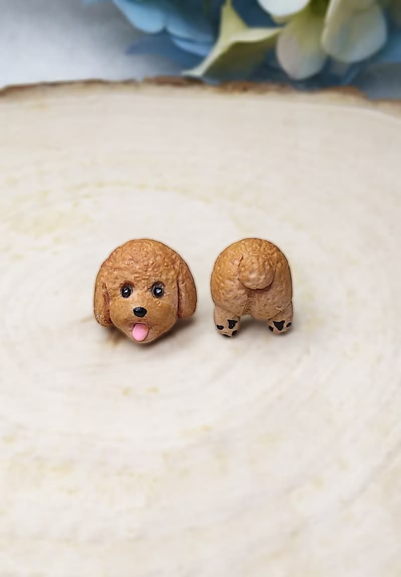 全手制 紅色 吐舌貴賓犬 貴婦狗 耳釘/耳夾