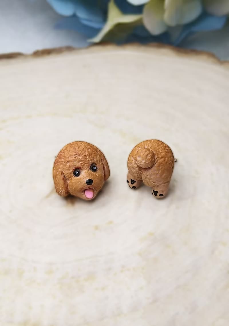 全手制 紅色 吐舌貴賓犬 貴婦狗 耳釘/耳夾