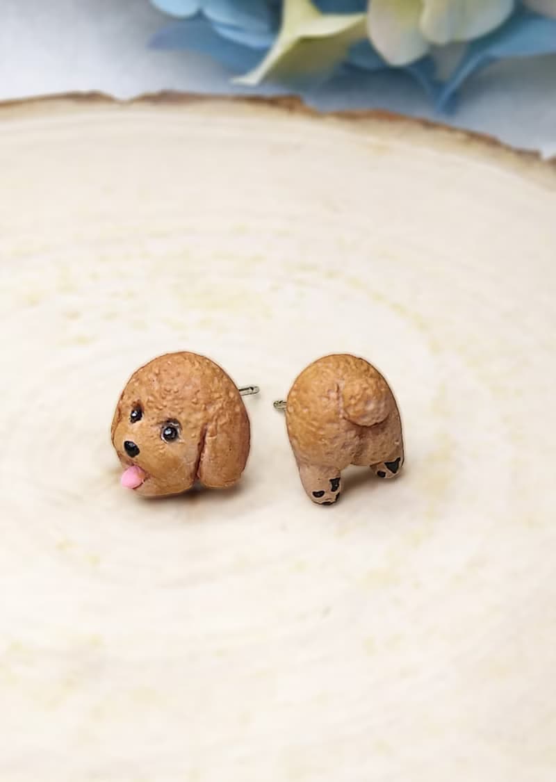 全手制 紅色 吐舌貴賓犬 貴婦狗 耳釘/耳夾