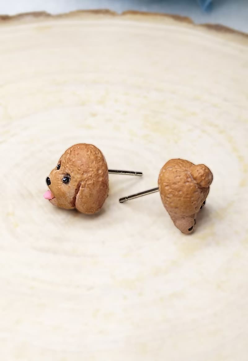 全手制 紅色 吐舌貴賓犬 貴婦狗 耳釘/耳夾