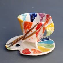 Tea cup and saucer set Artist&#x2;s palette Coffee mug and plate Handmade