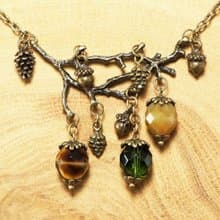 Green Brown Beige Glass Bronze Acorn Branch Pine Cone Pendant Necklace Jewelry