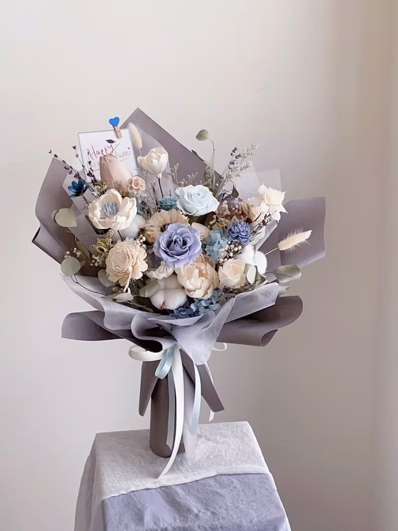 【不凋花乾燥花】藍白灰色質感自然風花束