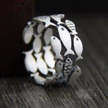 Real S990 Fine Silver Women Lovely Fishes Rings Handmade Engrave Animal Finger