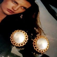 vintage jewelry  典雅金色繩結鑲邊仿珠 夾式耳環