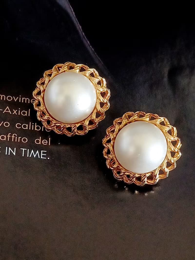 vintage jewelry  典雅金色繩結鑲邊仿珠 夾式耳環