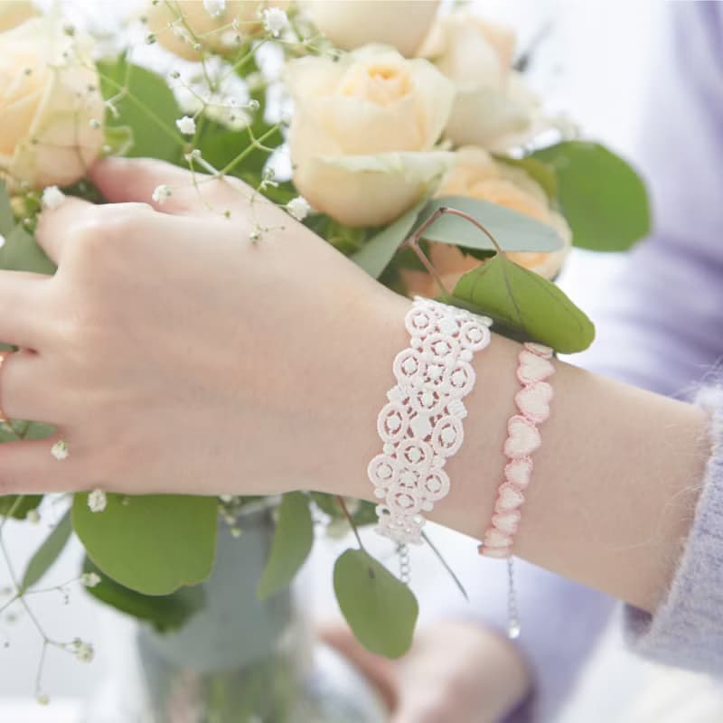 【禮物】Moana圈圈蕾絲捷克水晶 純銀手鍊/手環-淺粉+象牙白