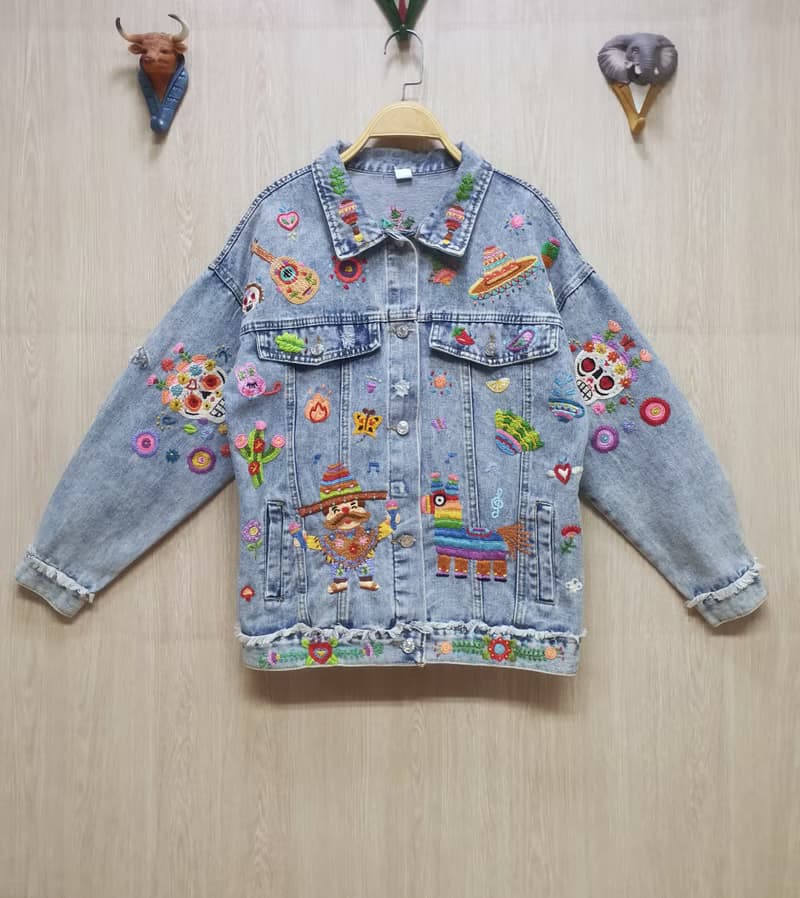 手工刺繡夾克、棉面料、墨西哥、墨西哥、花卉、骷髏