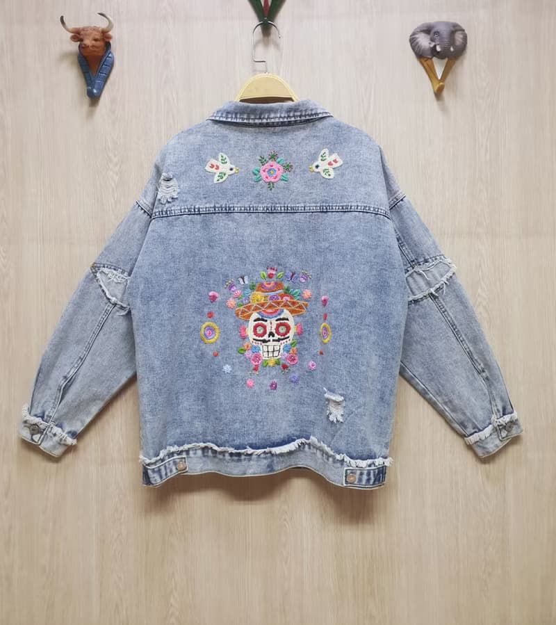 手工刺繡夾克、棉面料、墨西哥、墨西哥、花卉、骷髏