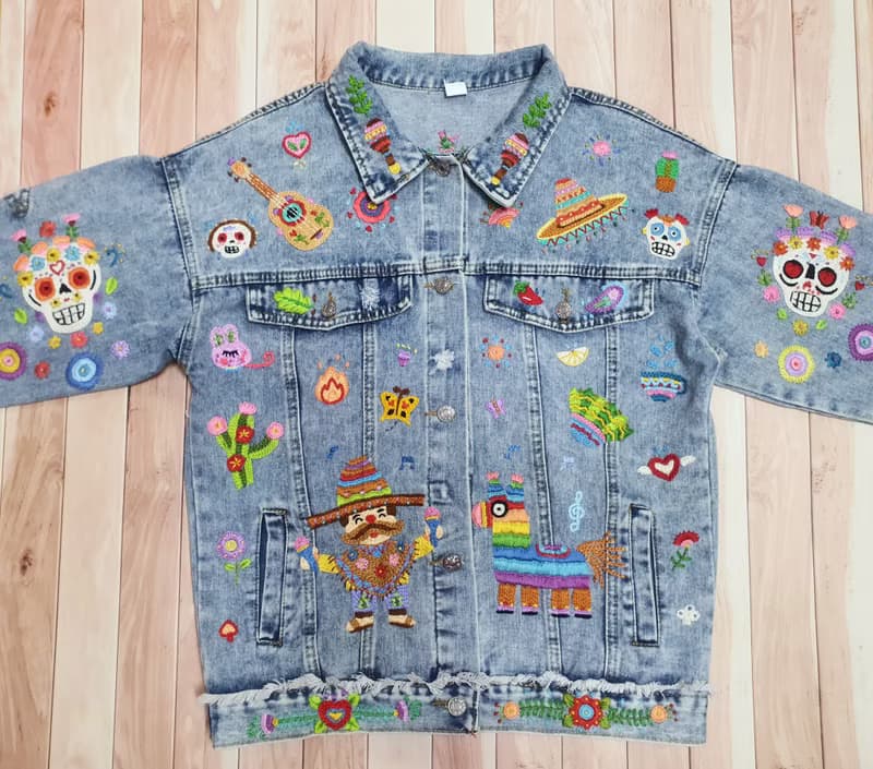 手工刺繡夾克、棉面料、墨西哥、墨西哥、花卉、骷髏