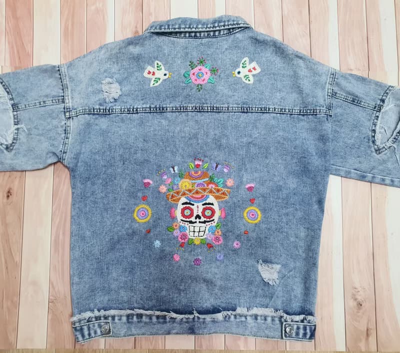 手工刺繡夾克、棉面料、墨西哥、墨西哥、花卉、骷髏