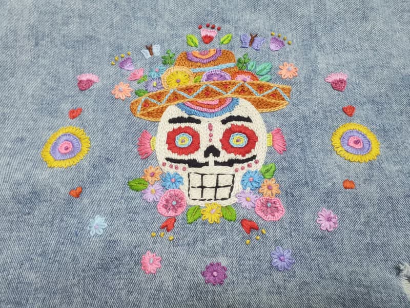 手工刺繡夾克、棉面料、墨西哥、墨西哥、花卉、骷髏