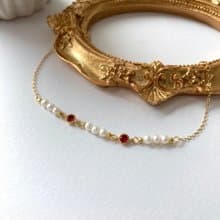 14K包金 天然珍珠紅鋯石手鍊 手環 細手鍊 項鍊 鎖骨鏈