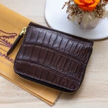 手工深朱古力啡色啞面鱷魚皮革拉鏈散紙銀包