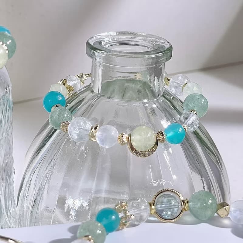 挪威森林—湖泊 托帕石|天河石|葡萄石|綠草莓晶|水晶手鍊A24-3