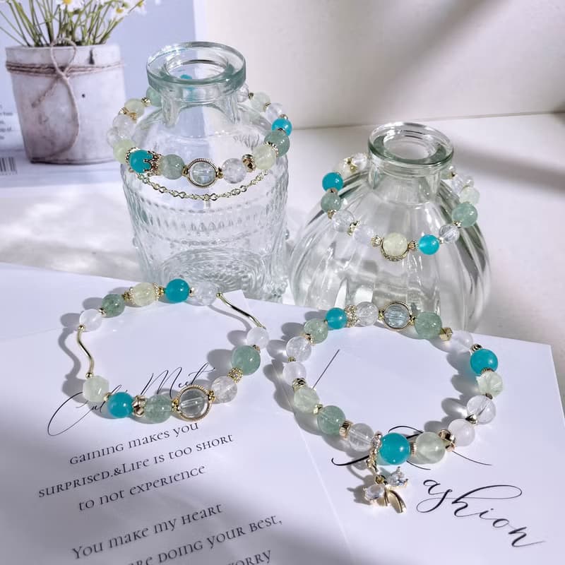 挪威森林—湖泊 托帕石|天河石|葡萄石|綠草莓晶|水晶手鍊A24-3